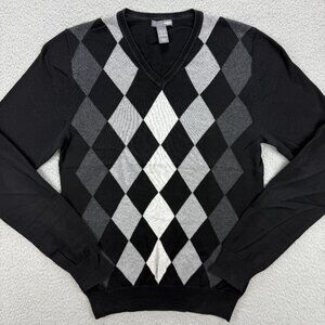 H&M Sweater Mens Small S Black Argyle Diamond Pattern V Neck Knit Vintage Y2K